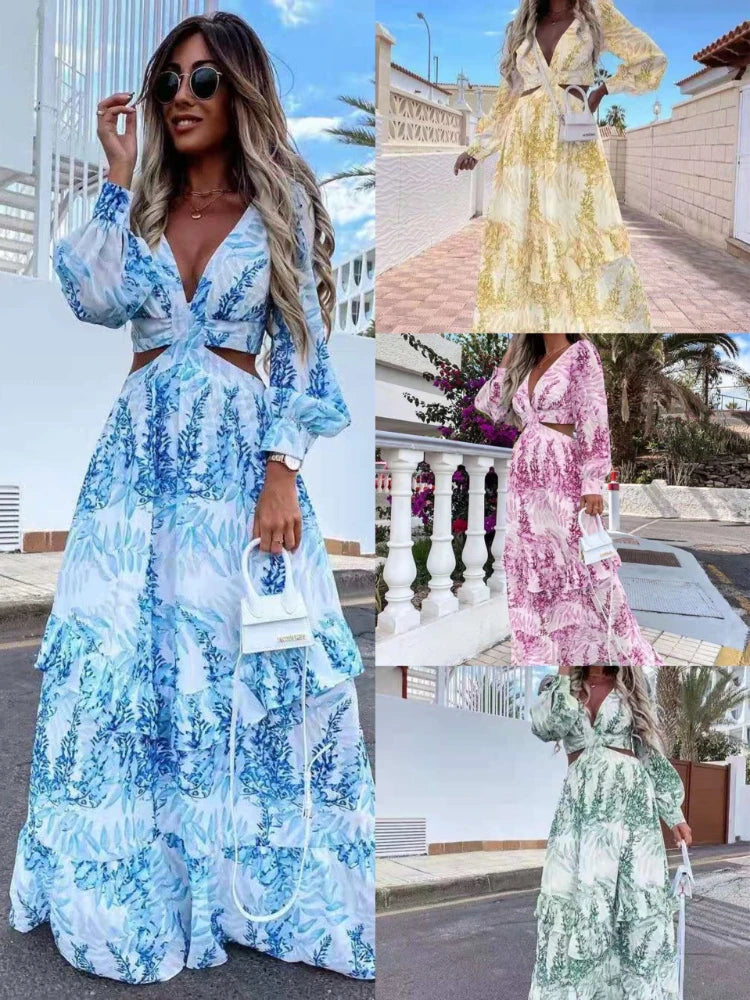 Nuevo vestido de fiesta de verano europeo y americano: elegante vestido de mujer con mangas largas, estampado y calado.