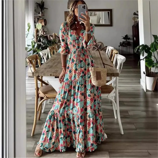 Bohemian V-Neck Printed Maxi Dress - Chic summer dress for women