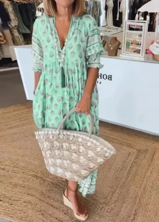 Bohemian Lantern Sleeve V-Neck Long Dress Women’s Spring Summer Beach Dress