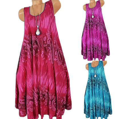 Women’s Summer Floral Pleated Dress – Round Neck Sleeveless Loose Plus Size Tank Dress