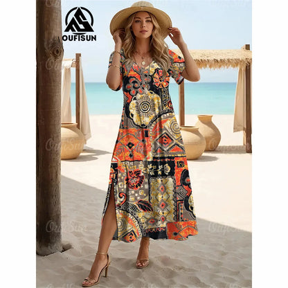 Elegant Women’s Vintage V-Neck Summer Dress – Loose Oversized Long Evening Dress