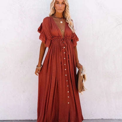 Summer Women’s V-Neck Kimono Bikini Cover-Up – Lace-Up Boho Beach Dress