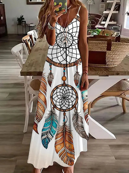 Robe longue à imprimé hibou tribal – Robe d'été vintage sans manches à bretelles spaghetti