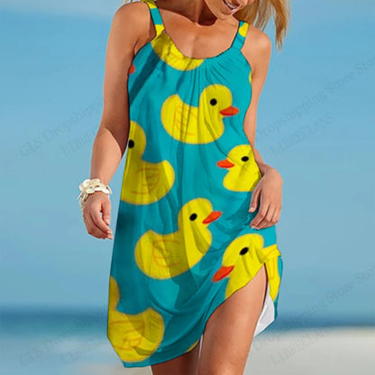 Hawaiian Beach Dress for Women – 3D Duck Print Summer Midi Strap Bohemian Sundress