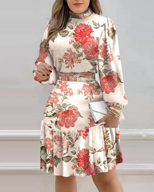 Autumn Floral Shirred Ruffle Dress – Lantern Sleeve Office Lady Midi Dress