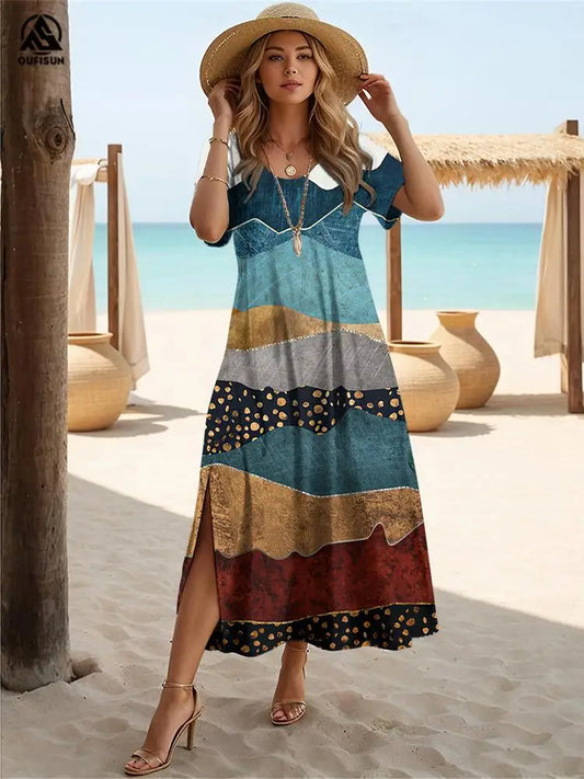 Vestido de verano con cuello en V y patchwork de mármol, mangas holgadas con aberturas grandes