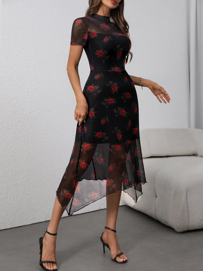 Gothic Dark Floral Mesh Patchwork Dress – Short Sleeve Double Layer Fairy Grunge Mid Dress