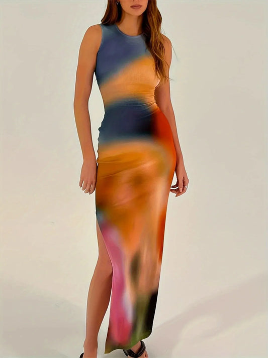 Woman wearing a colorful sleeveless dress with a blurred effect on a plain background