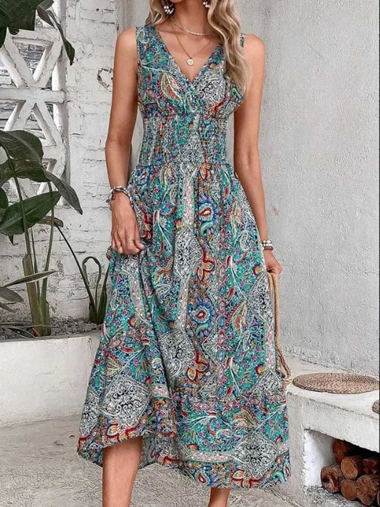 Robe longue bohème sans manches pour femme – Taille élastique et imprimé estival