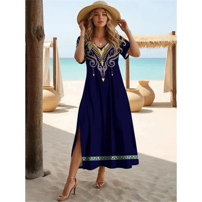 Robe longue fendue style bohème d'été – Robe pull à manches courtes et col en V pour femme