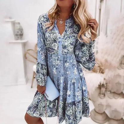 Boho V-Neck A-Line Dress – Summer Loose Printed Beach Party Dress