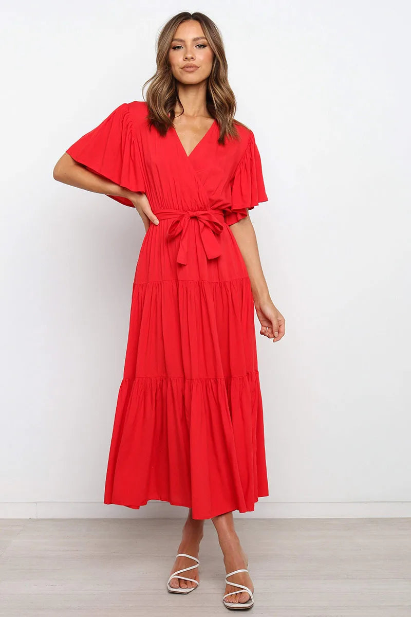 Robe à volants tendance pour femme, couleur unie, col en V sexy et manches à lacets