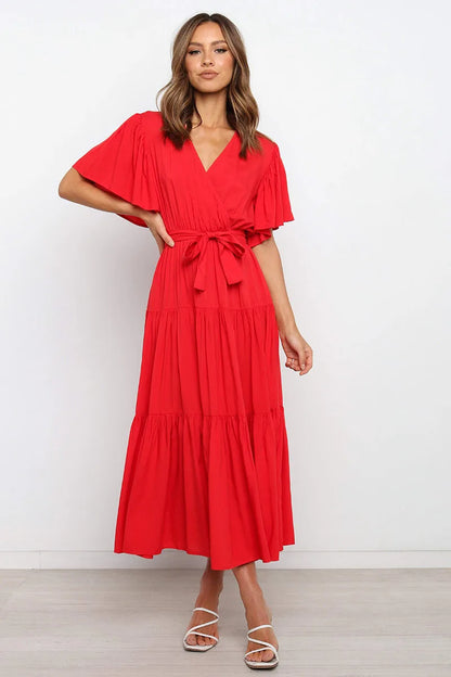 Robe à volants tendance pour femme, couleur unie, col en V sexy et manches à lacets