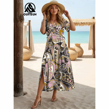 Elegant Women’s Vintage V-Neck Summer Dress – Loose Oversized Long Evening Dress