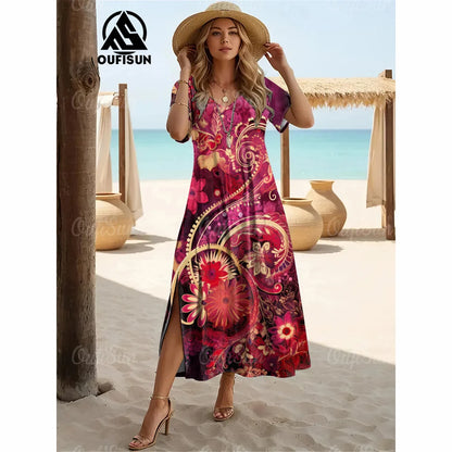 Elegant Women’s Vintage V-Neck Summer Dress – Loose Oversized Long Evening Dress