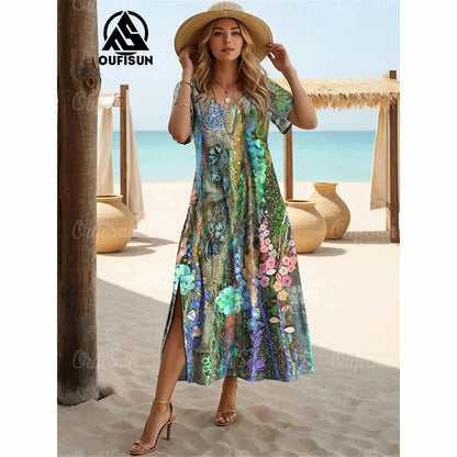 Elegant Women’s Vintage V-Neck Summer Dress – Loose Oversized Long Evening Dress