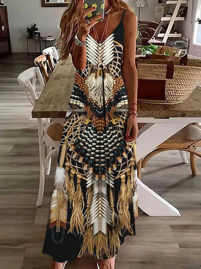 Robe longue à imprimé hibou tribal – Robe d'été vintage sans manches à bretelles spaghetti