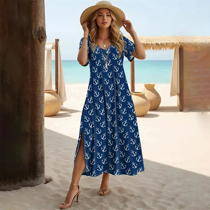 Vestido midi con estampado de ancla para mujer: elegante vestido vacacional de manga corta 