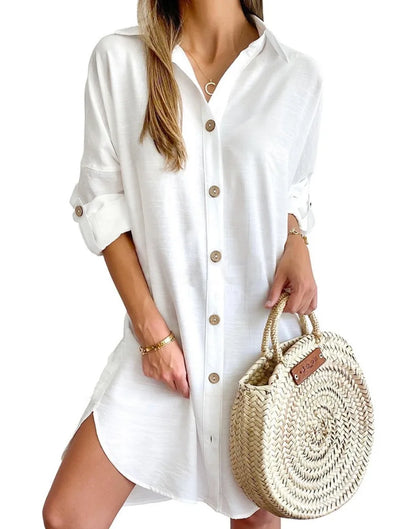 Robe chemise unie boutonnée sur le devant - Manches longues à revers - Robe décontractée printemps-automne pour femme