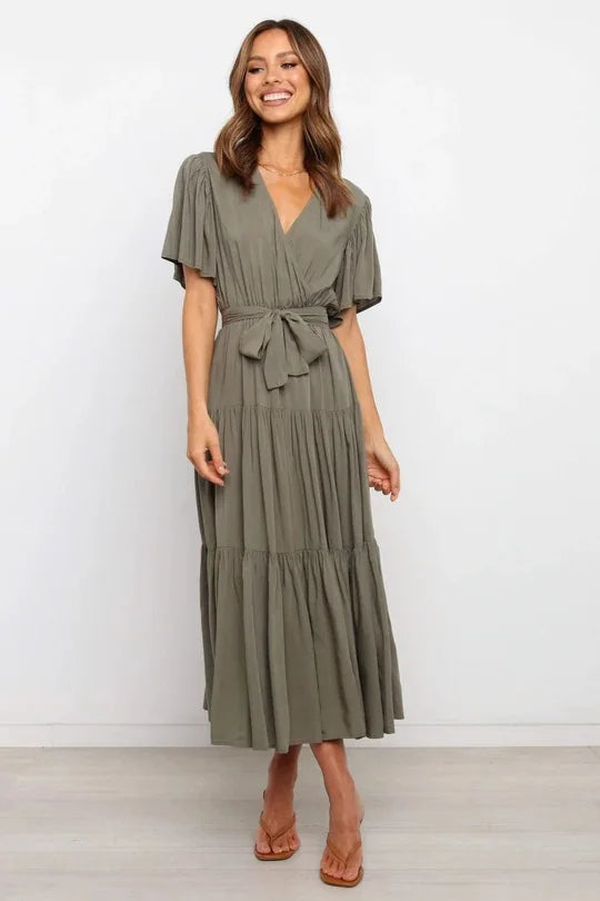 Robe à volants tendance pour femme, couleur unie, col en V sexy et manches à lacets