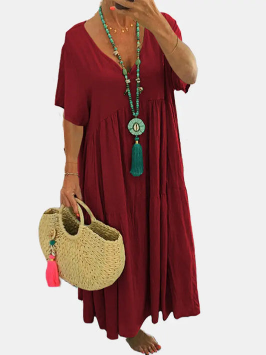 Women’s Spring-Summer Deep V-Neck Irregular Hem Loose Swing Dress - Chic summer dress for women