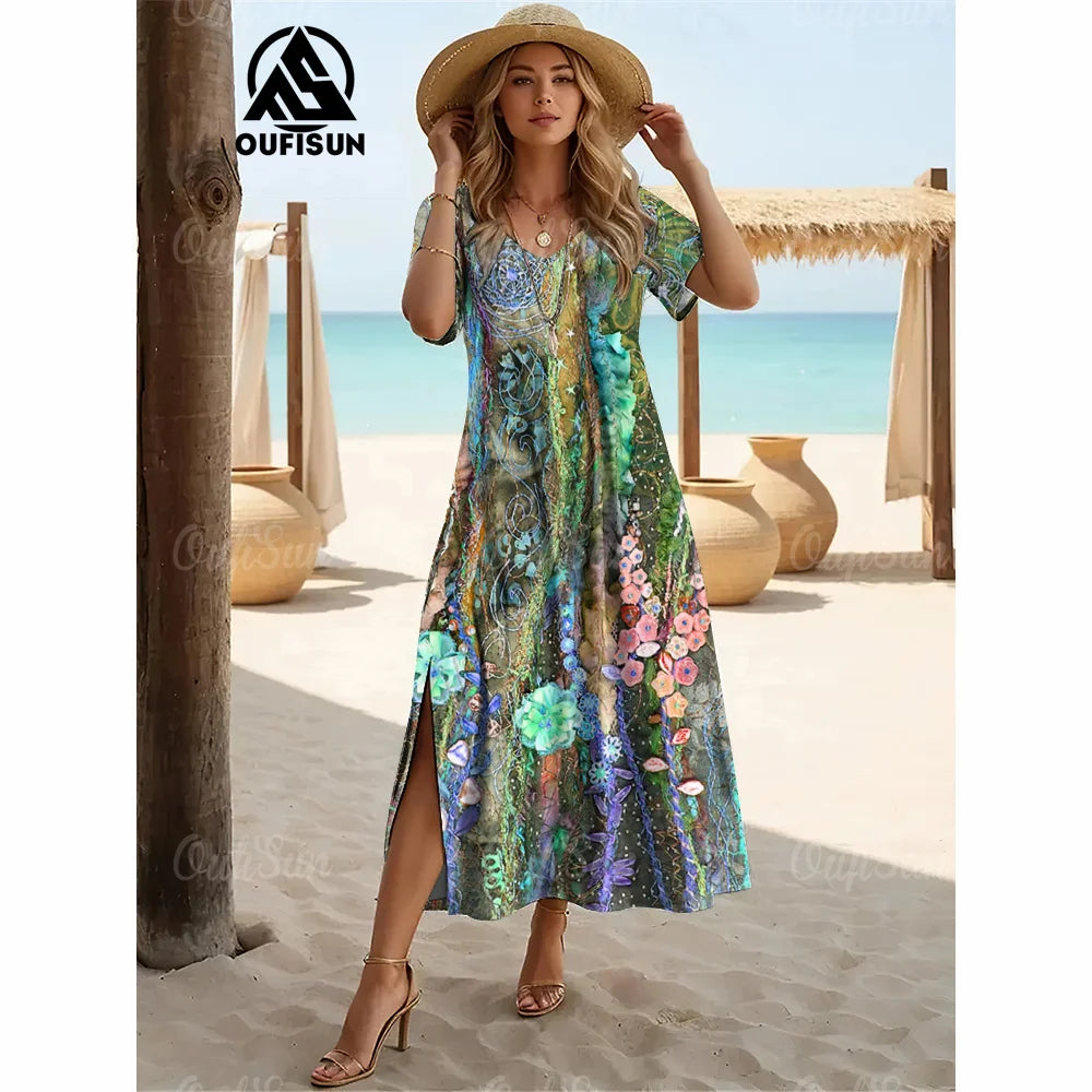 Elegant Women’s Vintage V-Neck Summer Dress – Loose Oversized Long Evening Dress