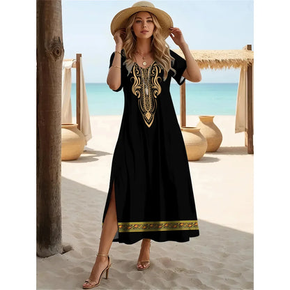 Robe longue fendue style bohème d'été – Robe pull à manches courtes et col en V pour femme