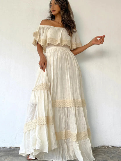 Vestido largo retro con encaje floral y escote en V: elegante vestido festivo con mangas acampanadas para mujer