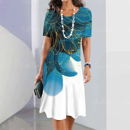 New Women’s Plus Size Midi Dress – Elegant Graphic Print Summer One-Piece