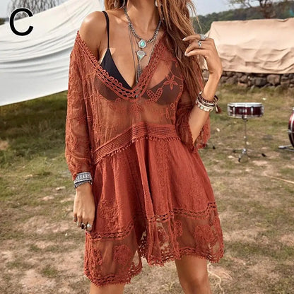 Sexy Mesh Bikini Cover-Up – Women’s Deep V-Neck Lace Hollow Beach Dress