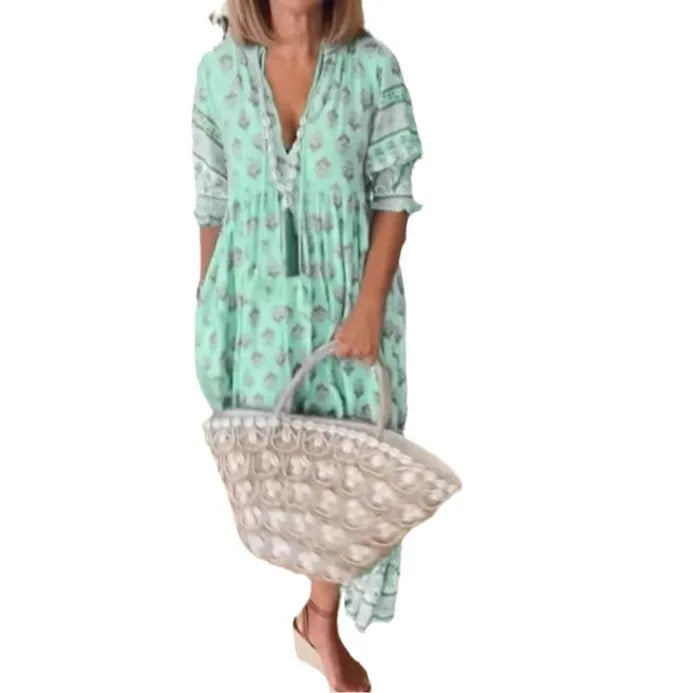 Bohemian Lantern Sleeve V-Neck Long Dress Women’s Spring Summer Beach Dress
