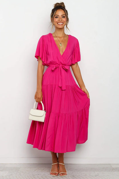 Robe à volants tendance pour femme, couleur unie, col en V sexy et manches à lacets