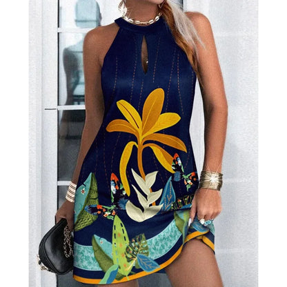 Halter Neck Printed Summer Dress – Sleeveless Casual Holiday Dress for Women