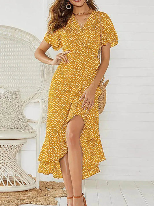Vestido largo playero de verano para mujer: vestido cruzado de gasa bohemio con volantes y estampado floral