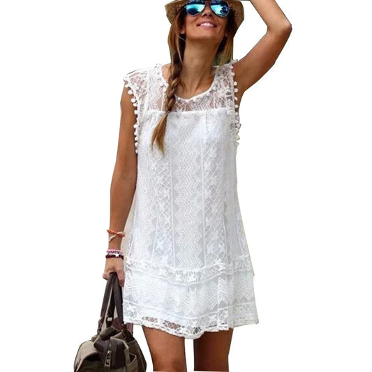 Summer White Women’s Sleeveless Tassel Mini Lace Dress - Chic summer dress for women
