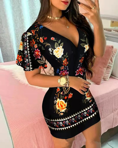 Summer Floral Print Bodycon Mini Dress Women