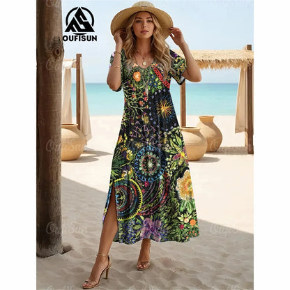 Elegant Women’s Vintage V-Neck Summer Dress – Loose Oversized Long Evening Dress