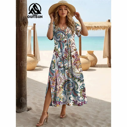 Elegant Women’s Vintage V-Neck Summer Dress – Loose Oversized Long Evening Dress