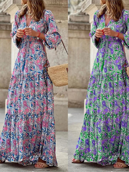 Autumn Fashion Women’s Printed Dress – V-Neck, Long Sleeve, High Waist Boho Midi Dress