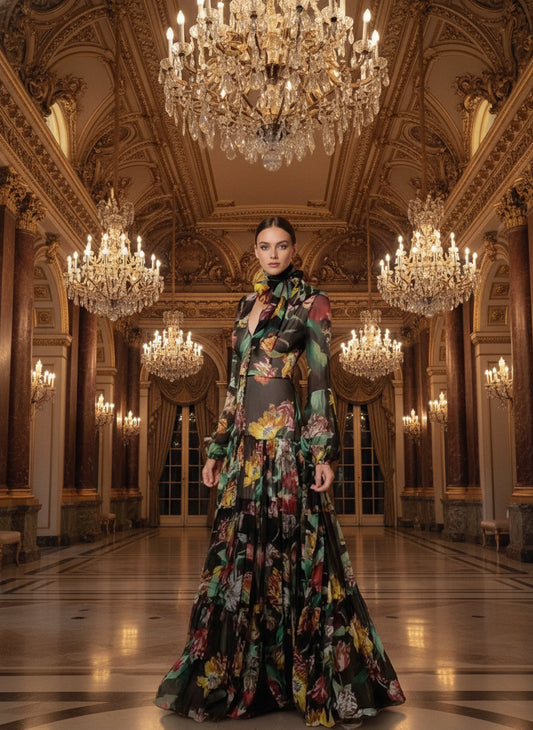 Long floral dress with a matching coat on a plain background