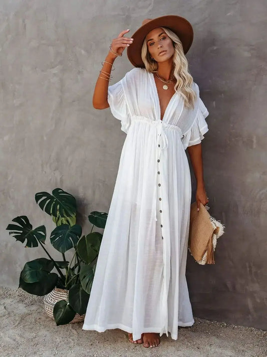 Bohemian Long Bikini Cover-Up for Women – V-Neck Lace-Up Kimono Swim Dress & Sarong Skirt