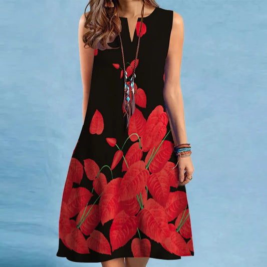 Black sleeveless dress with red floral pattern on a blue background