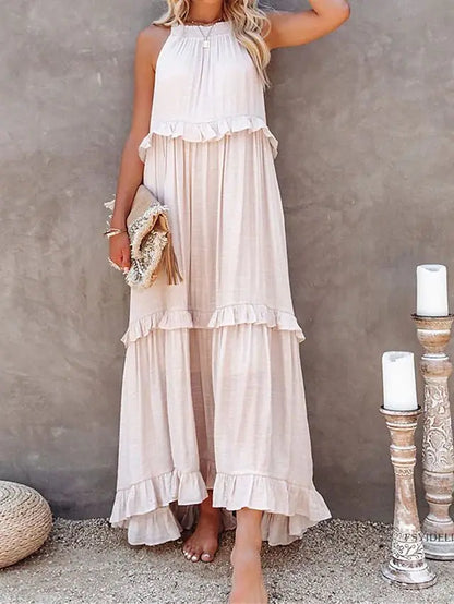 Robe longue dos nu à col licou – Robe de plage à volants et lacets pour femme