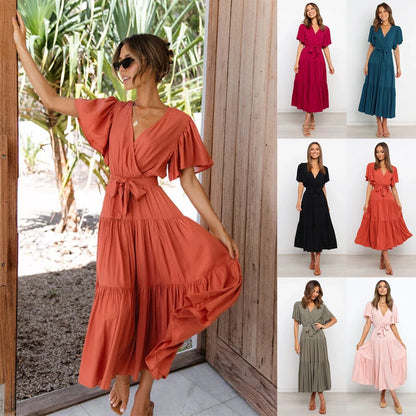 Robe à volants tendance pour femme, couleur unie, col en V sexy et manches à lacets