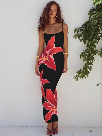 Floral Spaghetti Strap Bodycon Midi Dress – Elegant Sleeveless Backless Summer Gown