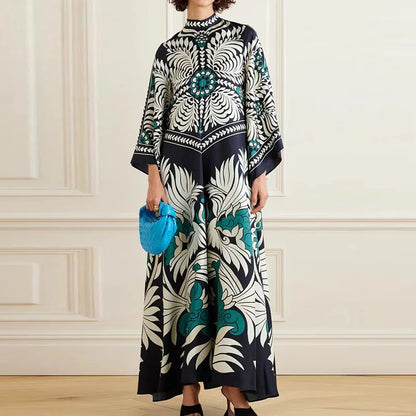 Robe imprimée élégante à col montant – Robe décontractée taille haute à manches longues et ample