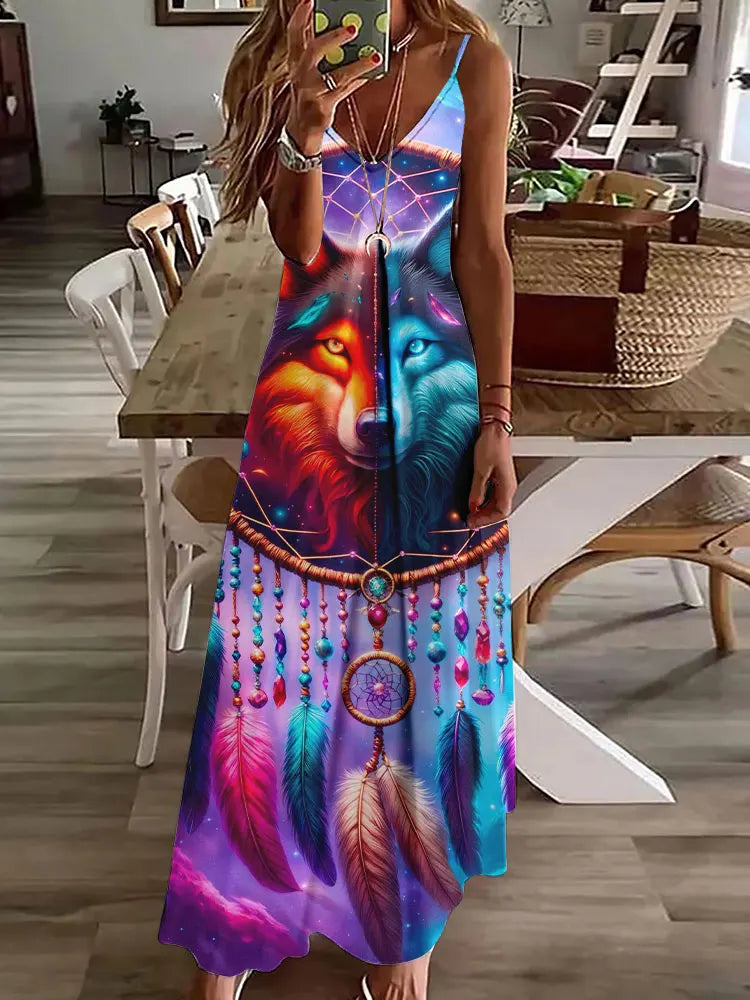 Robe longue à imprimé hibou tribal – Robe d'été vintage sans manches à bretelles spaghetti