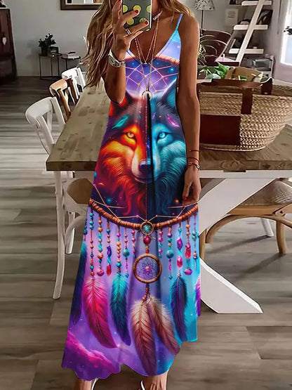 Robe longue à imprimé hibou tribal – Robe d'été vintage sans manches à bretelles spaghetti