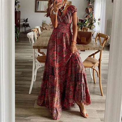 Summer Ethnic Printed A-Line Dress – Floral Petal Sleeves & Waist Detail