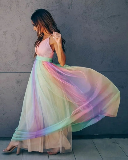 Vestido de malla arcoíris para mujer: sexy vestido playero de verano con escote en V profundo y cintura alta.